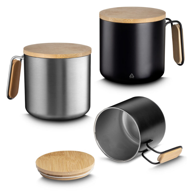 Caneca térmica com tampa de bambu personalizada