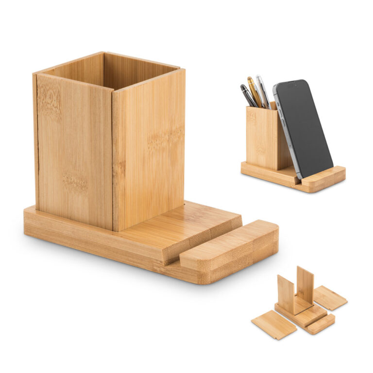 Porta Caneta Com Porta Celular De Bambu Personalizado